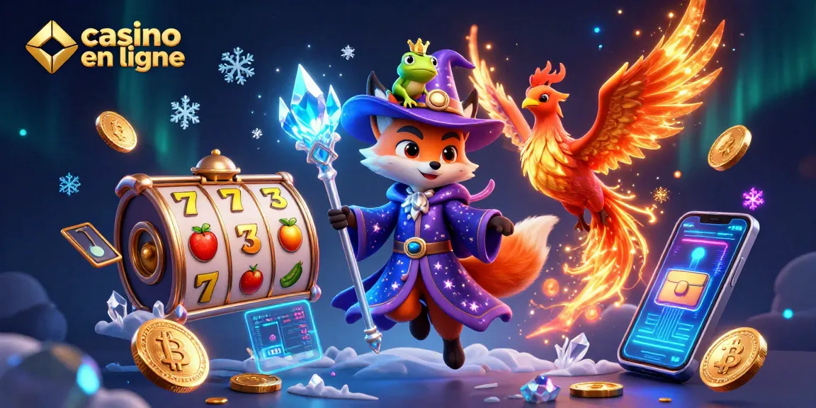 Jeu captivant sur casino en ligne avec un renard sorcier, un phénix, et des pièces de crypto-monnaie.