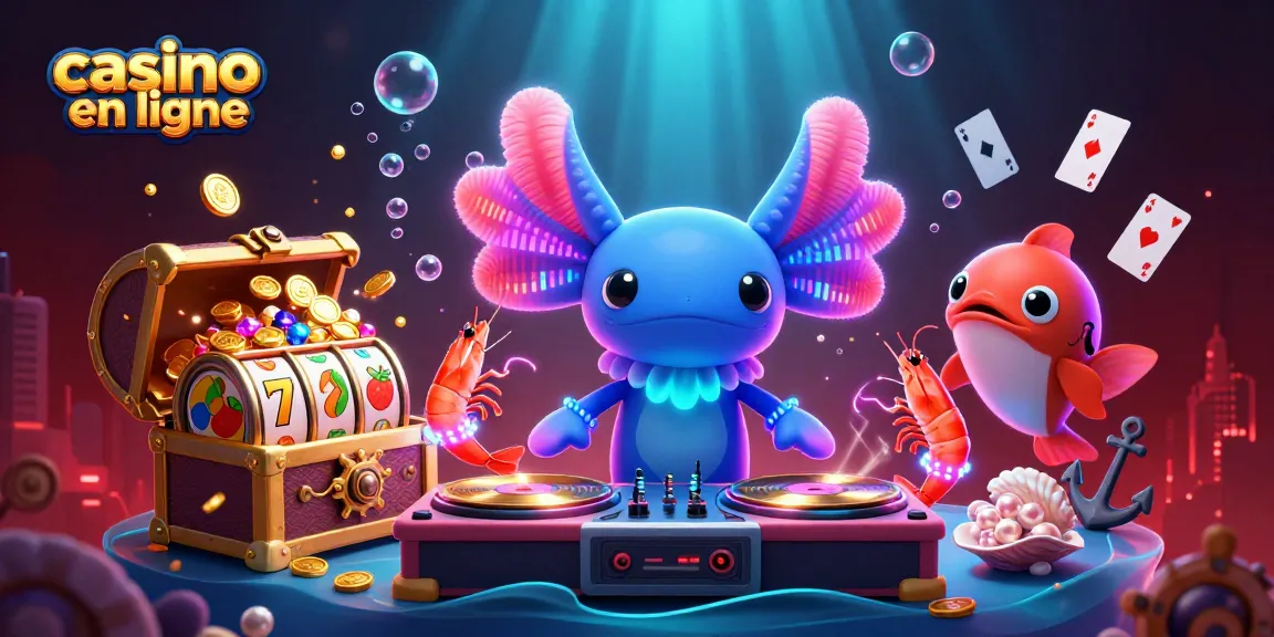 Casino en ligne : illustration 3D d'un DJ axolotl sous-marin avec des crevettes dansantes et des éléments de machines à sous.