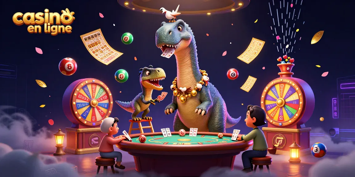 Visualisez un casino en ligne où un brontosaurus observe un jeu de poker et des boules de loterie.