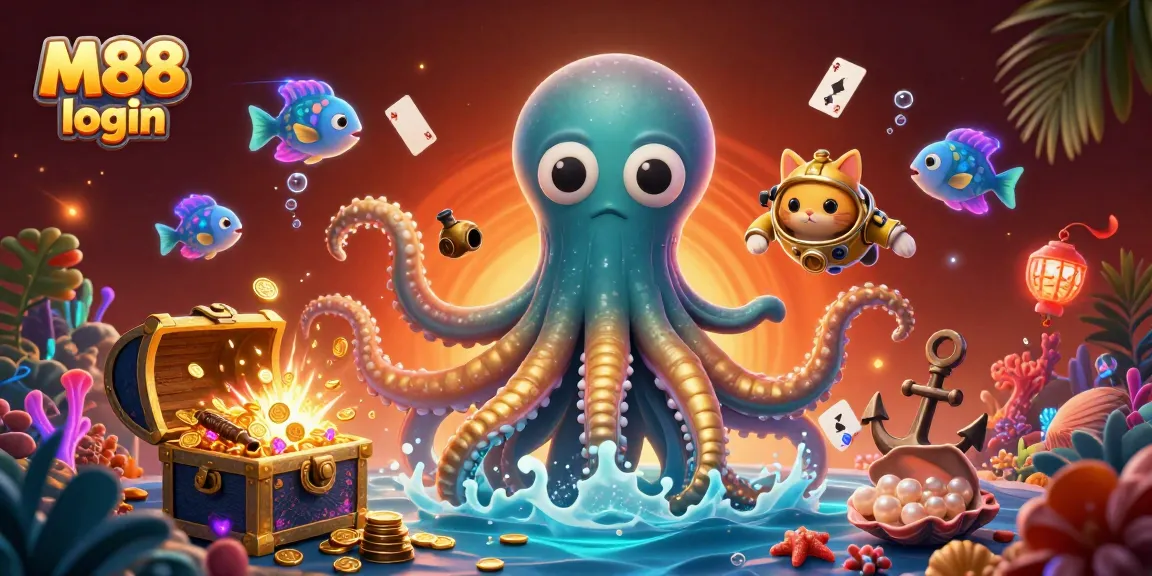 Experience M88 login with a dazzling underwater gaming world featuring a kraken, diving cat, and gold treasures.