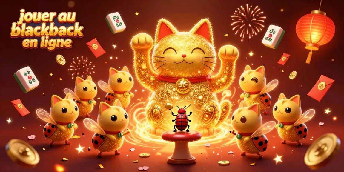 Jouez au blackjack en ligne avec des pièces dorées et des lumières festives dans une scène colorée.