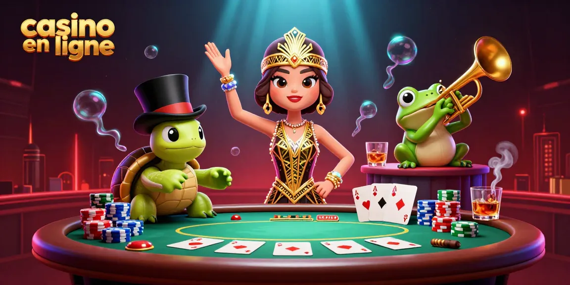 Découvrez le casino en ligne avec une scène animée de jeu de cartes et des personnages divertissants.