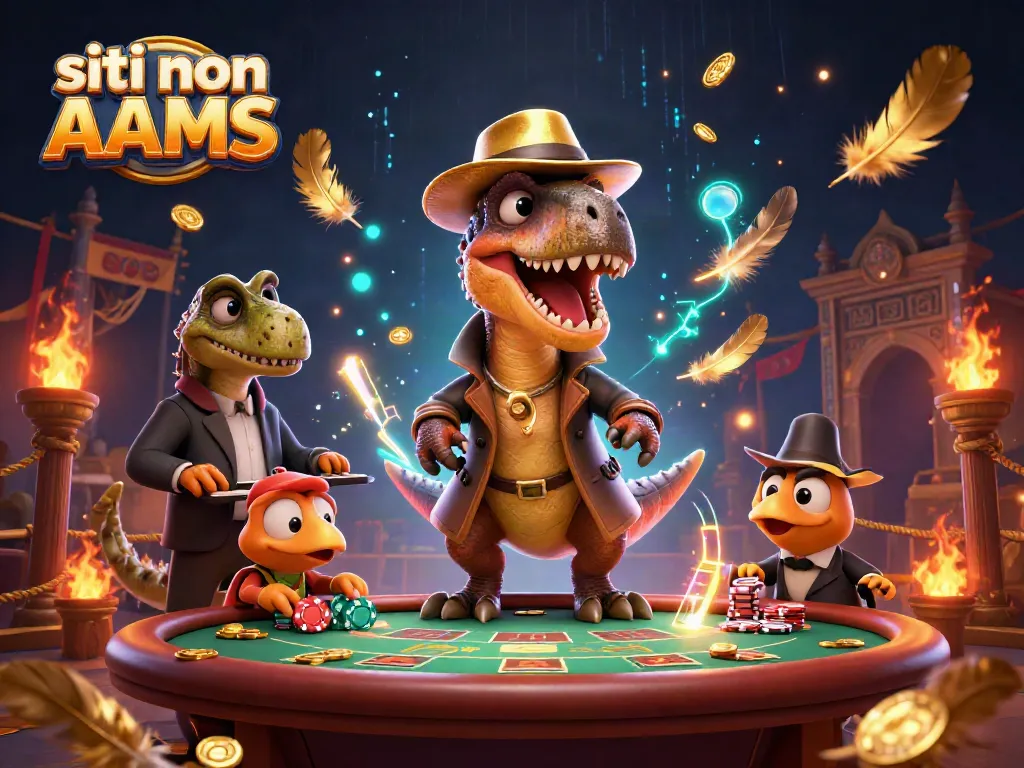 I siti non AAMS offrono un'illustrazione 3D avvincente con personaggi preistorici in un casinò vivace.