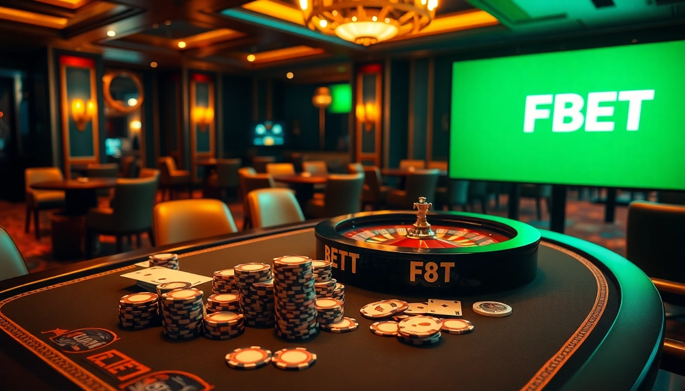 Exciting gambling scene at https://f8bet.dental/ with poker chips, cards, and a roulette wheel.
