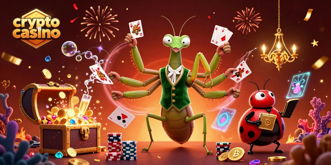 Gioca nel crypto casino con una scena animata di un camaleonte e una coccinella, immersi in una festa di vincite.