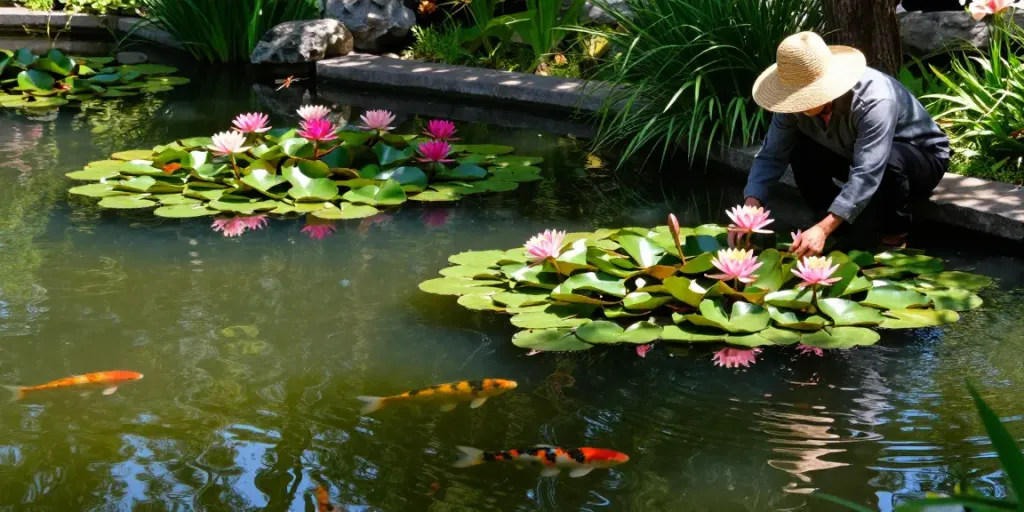Vibrant water lilies blooming in a tranquil garden pond with koi fish swimming beneath.