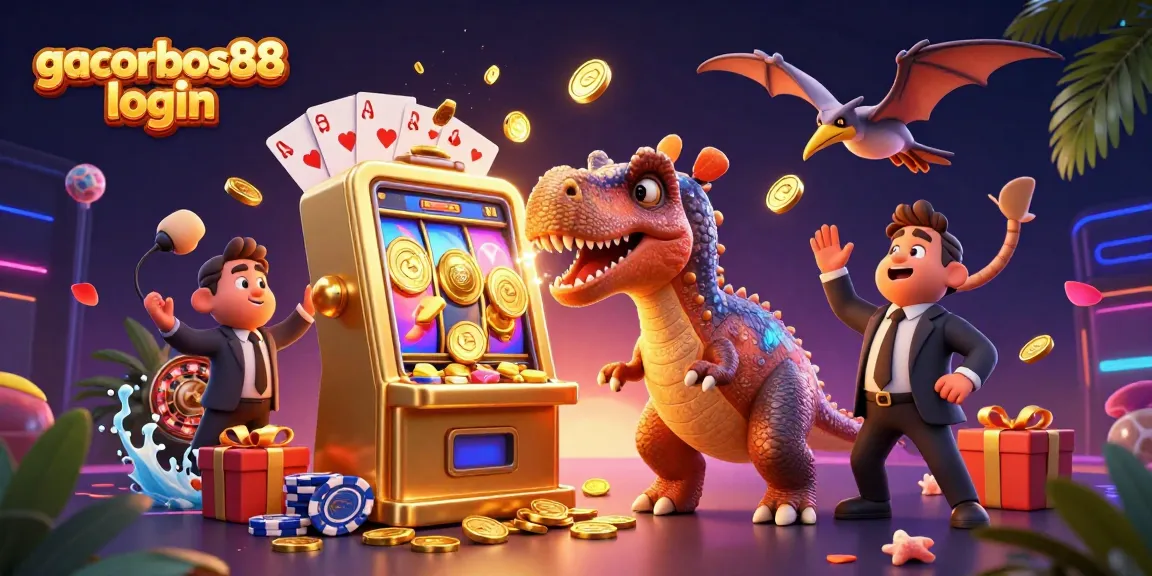 Win jackpots with gacorbos88 login as cartoon dinosaurs collide with slot machines in vibrant casino action.