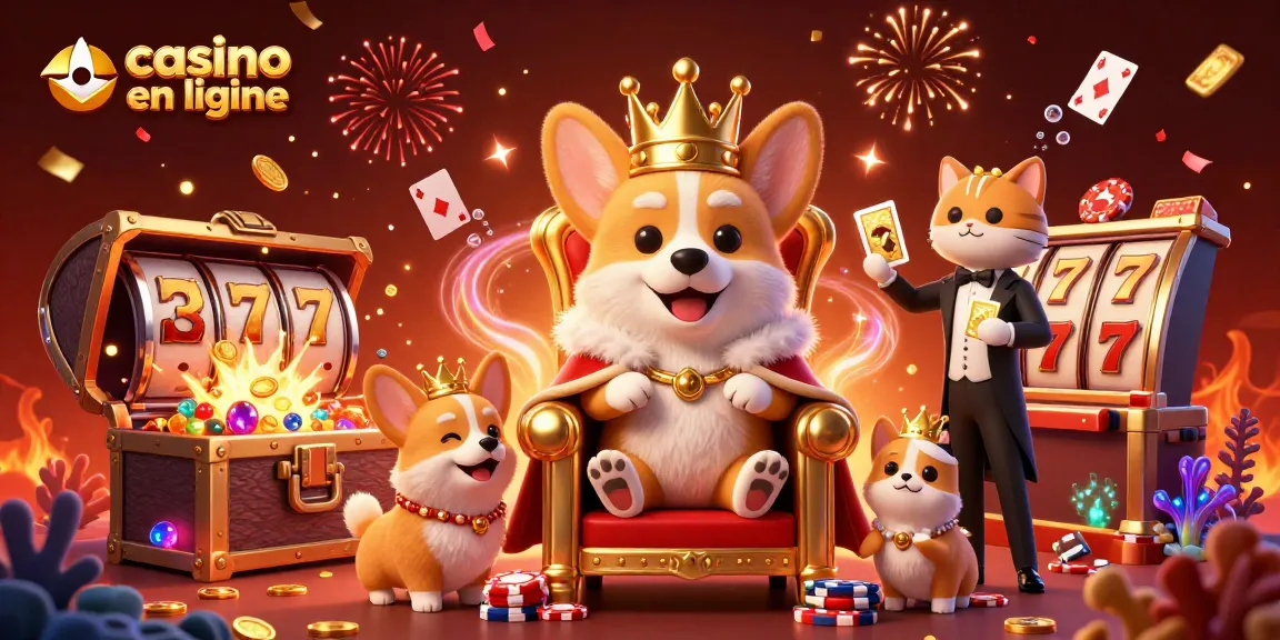 Illustration dynamique d'un corgi royal avec un trône de jetons, symbolisant le casino en ligne.