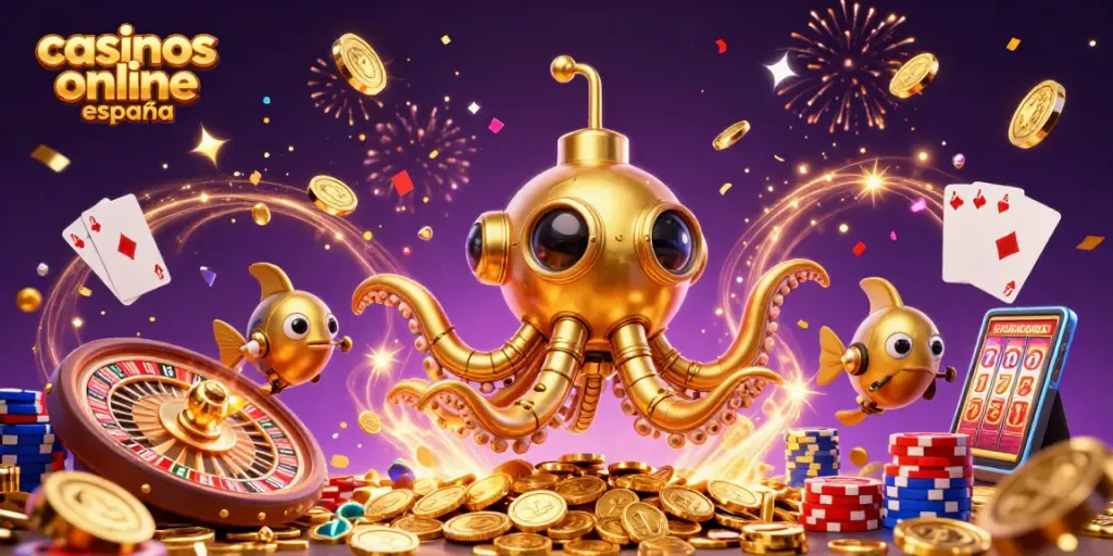 Gana en casinos online España mientras disfrutas de una ilustración de un kraken dorado entre monedas.