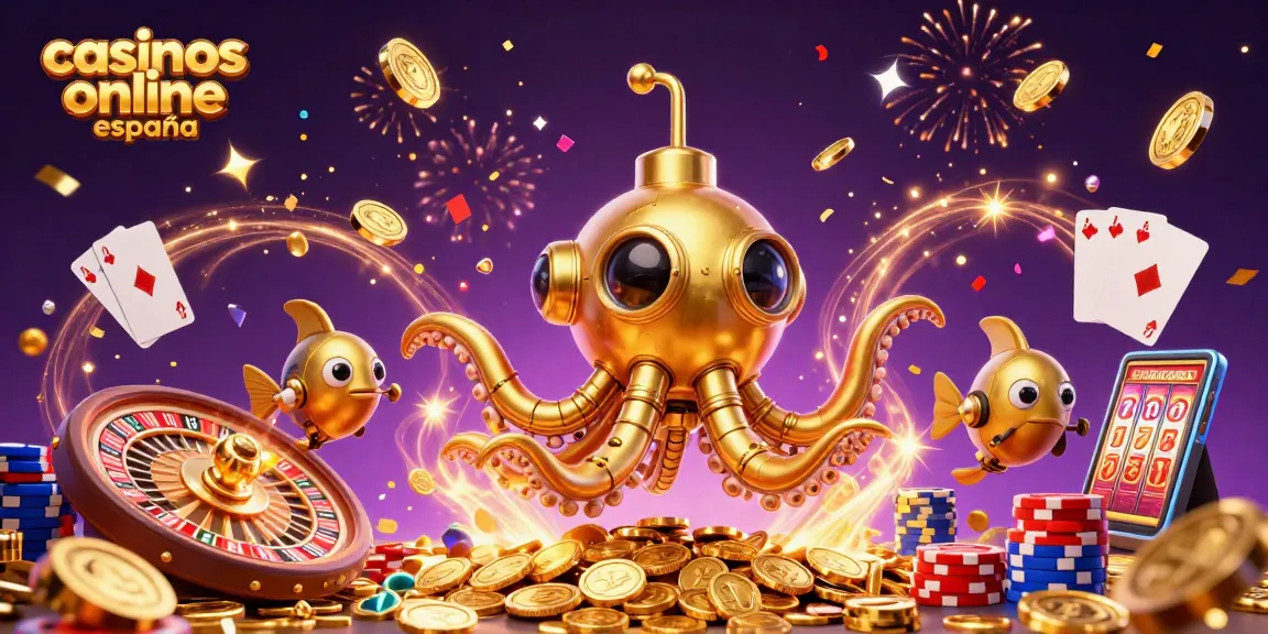 Gana en casinos online España mientras disfrutas de una ilustración de un kraken dorado entre monedas.