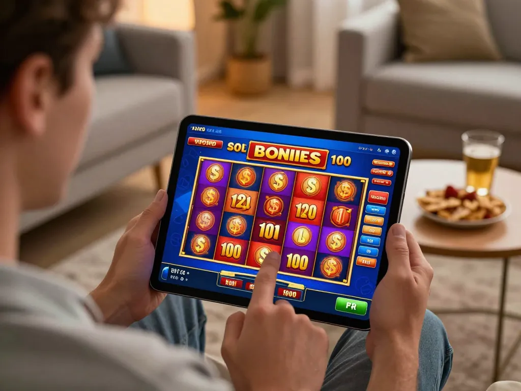 Experience the thrill of a slot bonus 100 with a gamer celebrating a big win in a cozy setting.