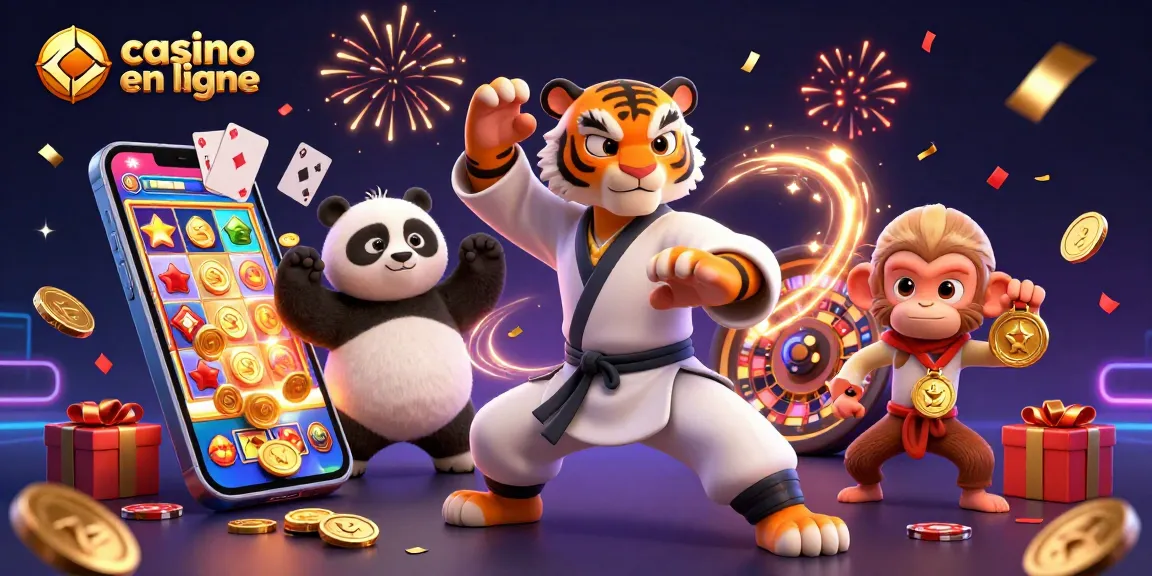 Casino en ligne avec un tigre maître en arts martiaux et un panda en pleine pose, entourés de jeux colorés.