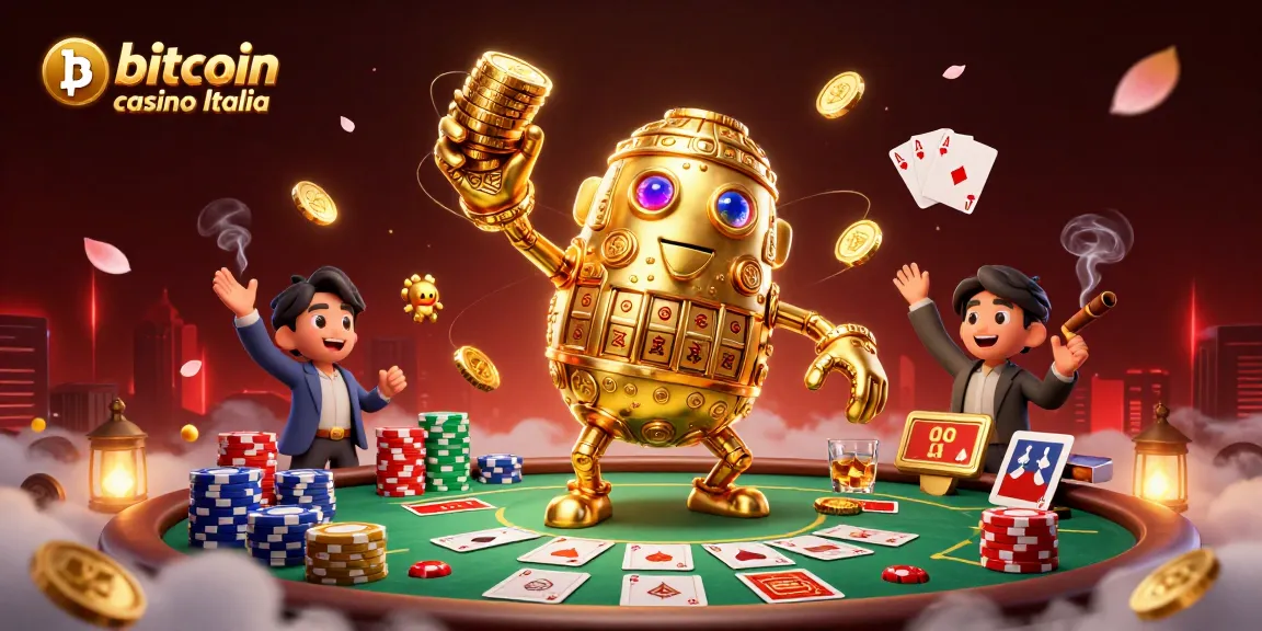 Gioca nei migliori bitcoin casino Italia con un'antica golem dorato tra fiches e carte da poker.