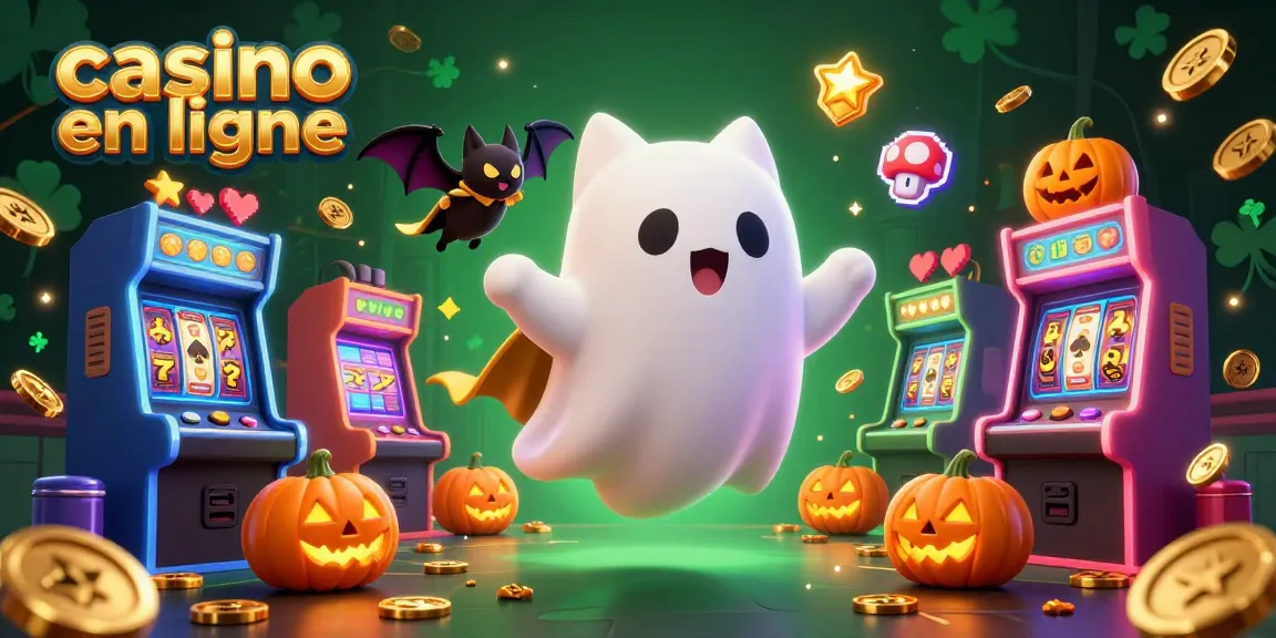 Une scène animée de casino en ligne avec un chat fantôme flottant, un vampire et des jeux colorés.
