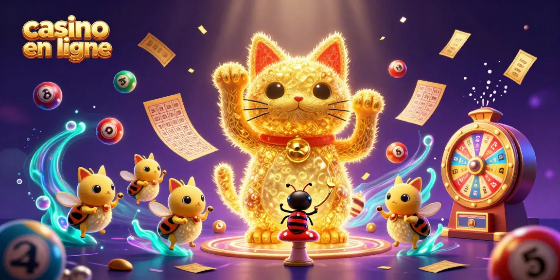 Découvrez les joyaux du casino en ligne grâce à un chat porte-bonheur et des symboles de jeu.