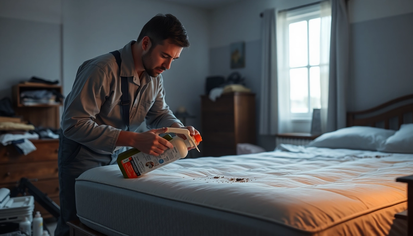 Exterminator performing bed bug chemical treatment in a controlled setting.