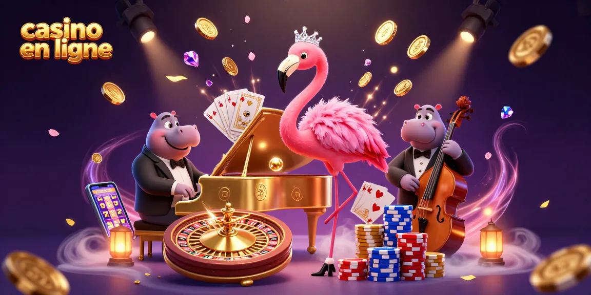 Jouer sur un casino en ligne avec des personnages vibrants et des éléments de jeu dispersés, ambiance festive.