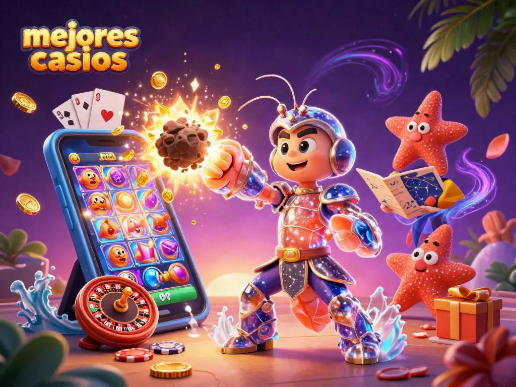 Explora los mejores casinos en un diseño vibrante con héroes galácticos y elementos de juego.