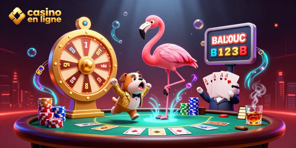 Scène dynamique d'un casino en ligne avec un flamant rose animateur, un bulldog et une présentation de prix enrichie, captivant l'attention sur les jeux de cartes et les mises.