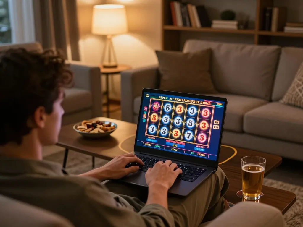 Engaging in online gaming at home, discovering casino online stranieri sicuri on a laptop.