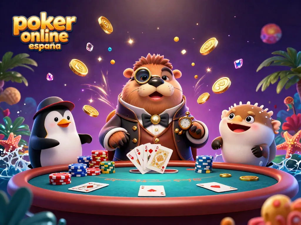 Juega al póker online España con un ambiente divertido y personajes únicos en esta ilustración.