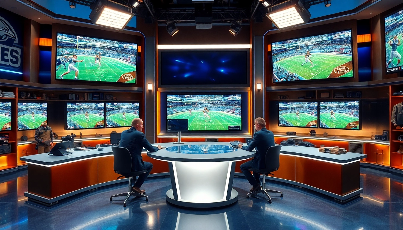 Sports Broadcasting analysts discussing the latest game highlights in a professional studio.