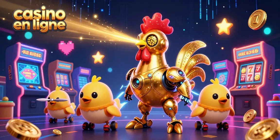 Jouez au casino en ligne avec le robot coq futuriste et des jeux colorés en arrière-plan.