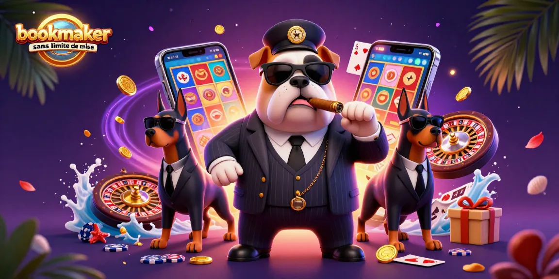 Célébrez le jeu avec un bookmaker sans limite de mise, illustré par un bulldog mafia au centre.