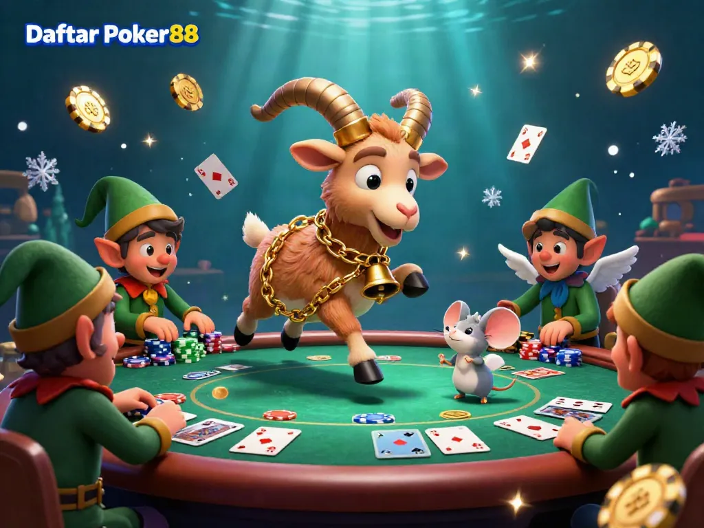 Engage with Daftar Poker88 in a vibrant, playful poker scene featuring dynamic characters and game elements.