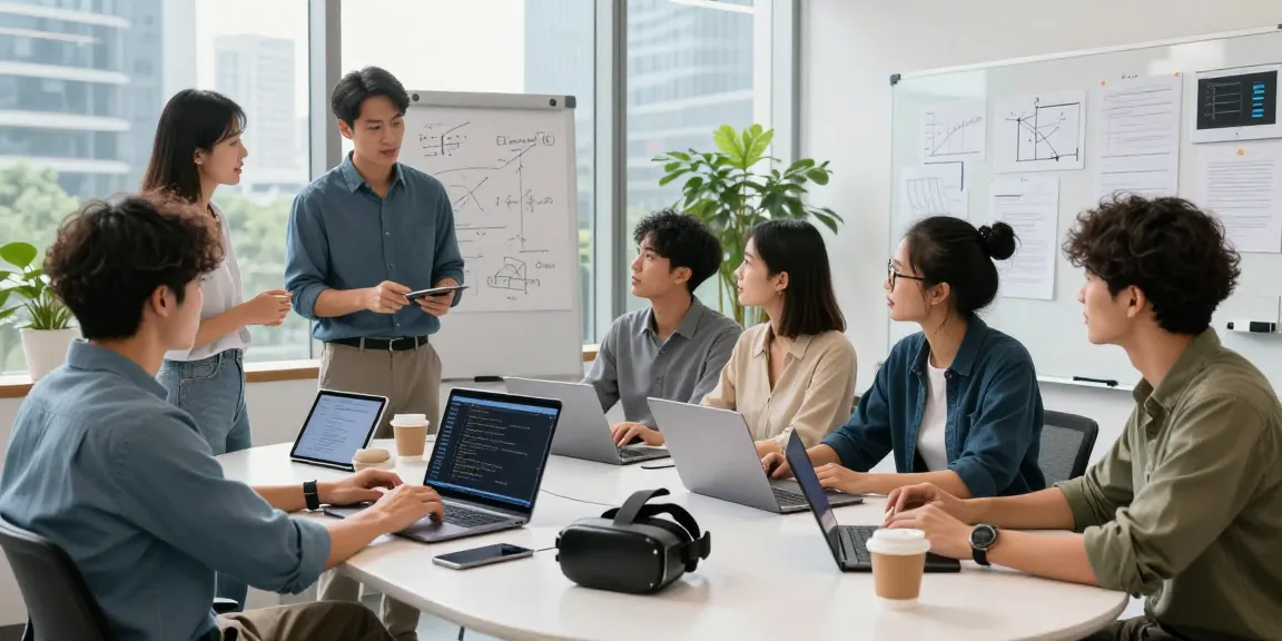 AI Product Engineering services collaboration scene with diverse engineers brainstorming in a modern office environment.
