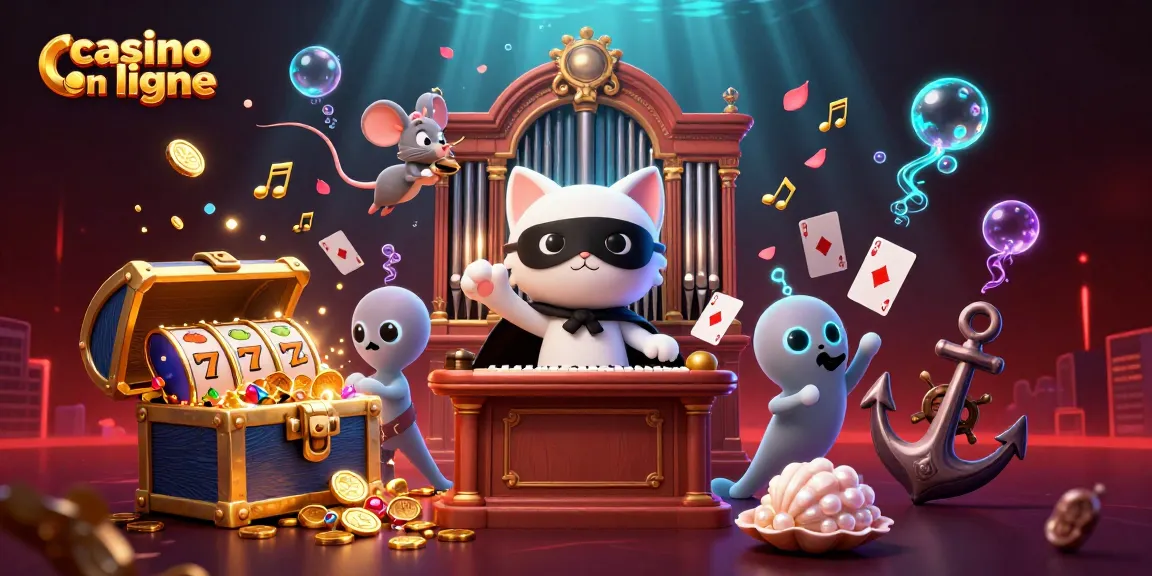 Illustration dynamique de casino en ligne avec un chat majestueux, un acrobate et des éléments de jeu variés.