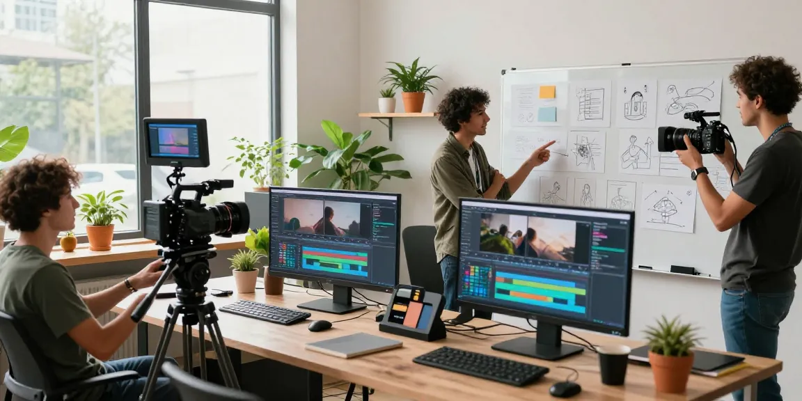 Collaborative atmosphere at Dreambox Studio Sg showcasing a video production team strategizing a marketing campaign.