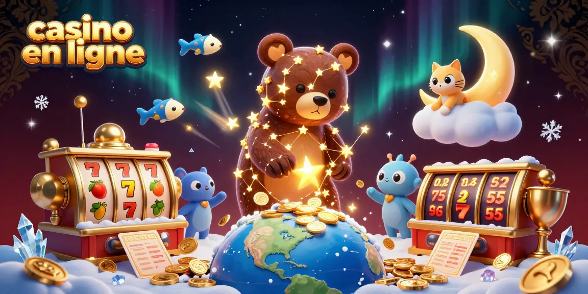 Jouer dans un casino en ligne captivant avec un ours constellation, des poissons étoiles, et des symboles de jackpot.