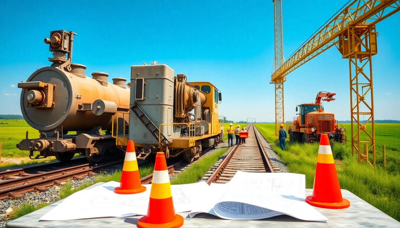 Workers and machinery exemplifying great plains rail construction in an active scene.
