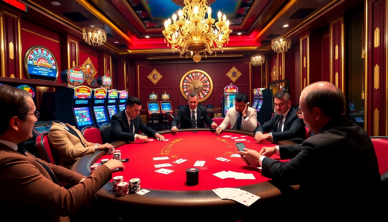 Découvrez l'excitation des casinos en ligne fiables avec des joueurs s'engageant dans du poker à enjeux élevés dans un cadre luxueux.