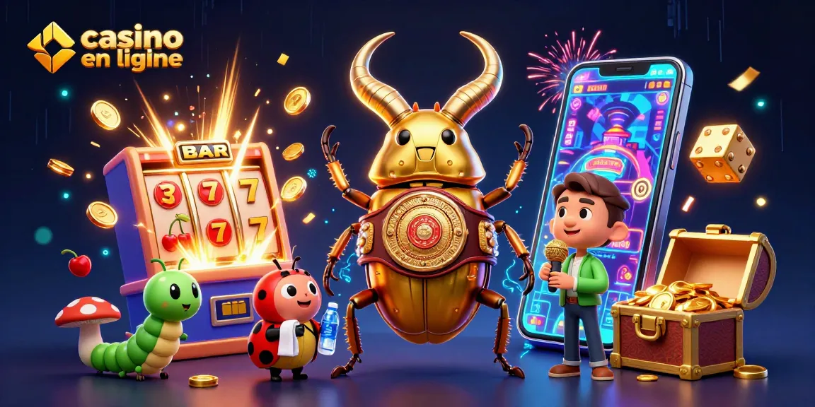 Jouer au casino en ligne avec un scarabée doré, un gérant et des machines à sous animées.