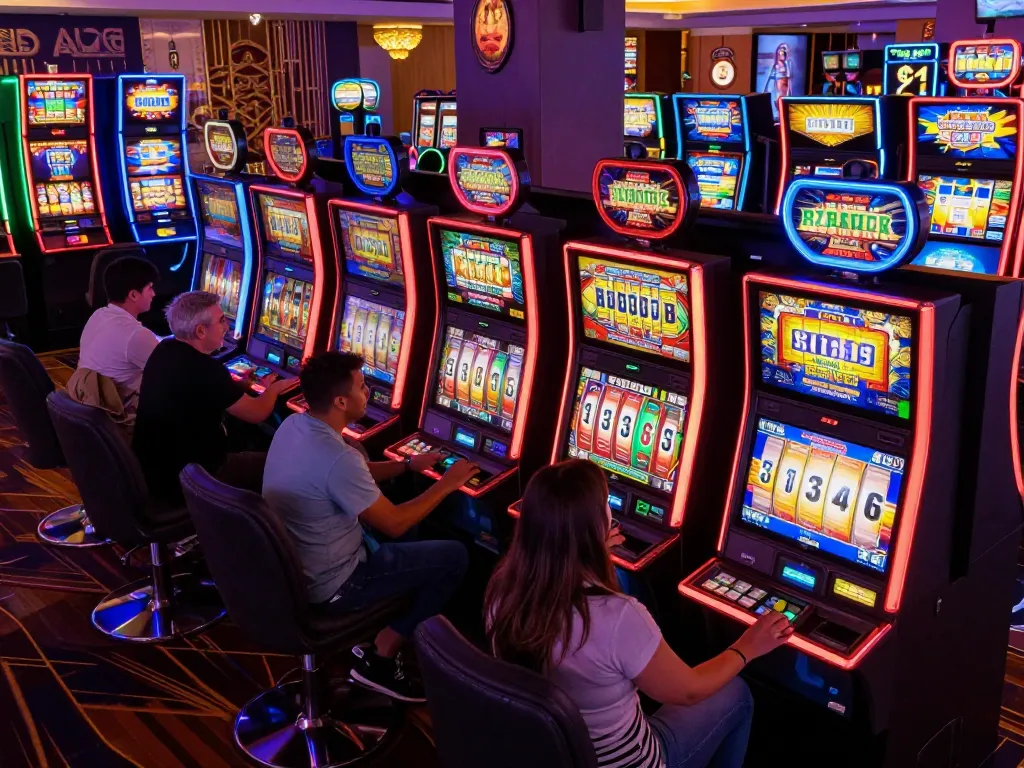 Excited players engaging with slot machines on a vibrant casino floor