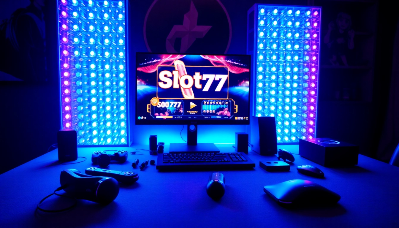 Permainan Slot77 yang menegangkan dengan setup gaming modern dan pencahayaan LED.