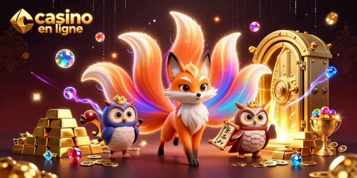 Gagnez en jouant au casino en ligne avec le renard à neuf queues et l'hibou sage entourés de trésors scintillants.