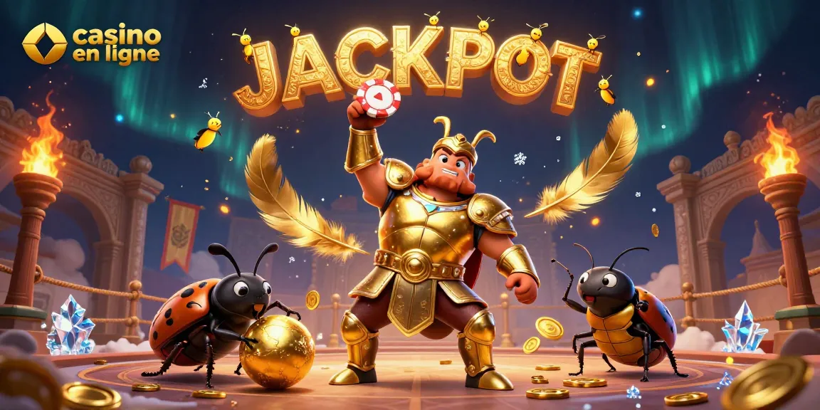 Gagnez à casino en ligne avec un scarabée en armure levant un jeton de poker en triomphe.