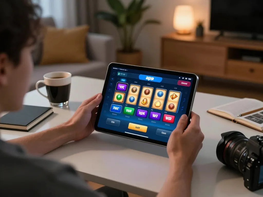 This scene showcases a user engaged with apk slot gaming on a tablet, highlighting strategic gameplay preparation.