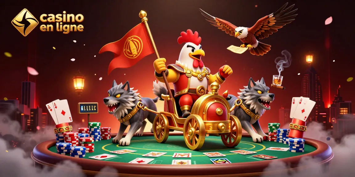 Illustration dynamique de casino en ligne avec seigneur des coqs et chariot, éléments de poker.