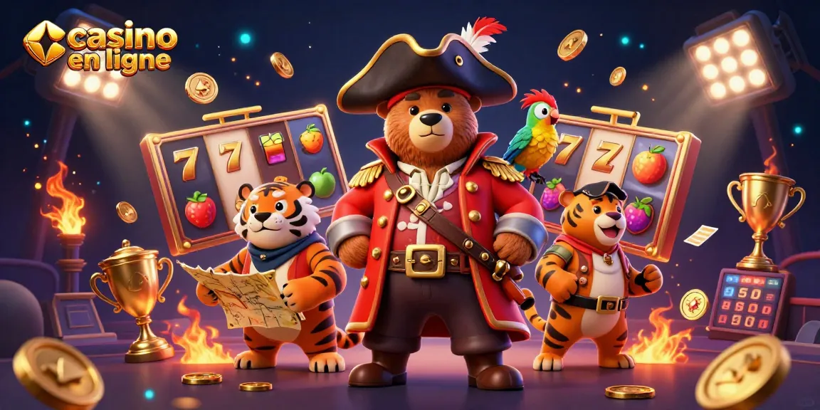 Découvrez le monde du casino en ligne avec une illustration captivante de personnages pirates et de machines à sous.