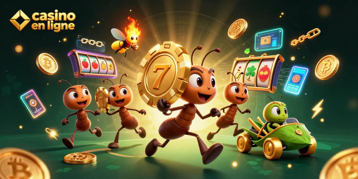 Des fourmis réalisant un braquage dans un casino en ligne, avec des jetons dorés et des éléments de crypto-monnaie.