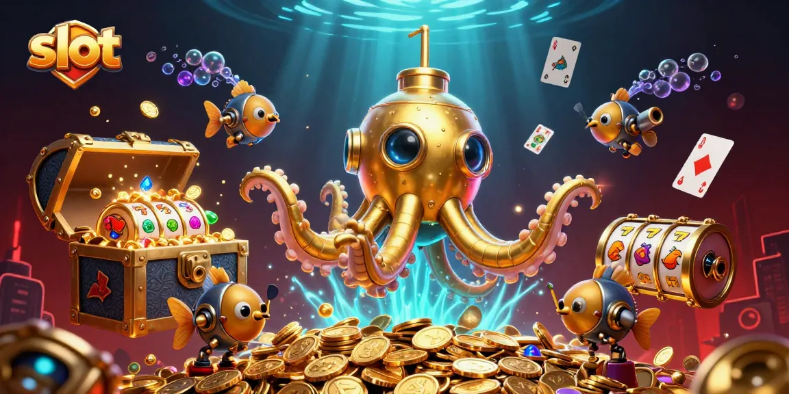 Spin vibrant slot games with a kraken submarine amid gold coins in this captivating 3D illustration.
