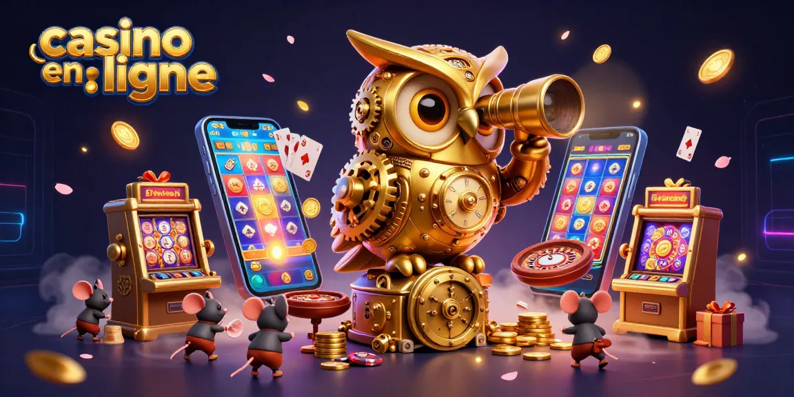 Illustration 3D du casino en ligne, montrant une chouette dorée au-dessus de machines à sous et des pièces d'or.
