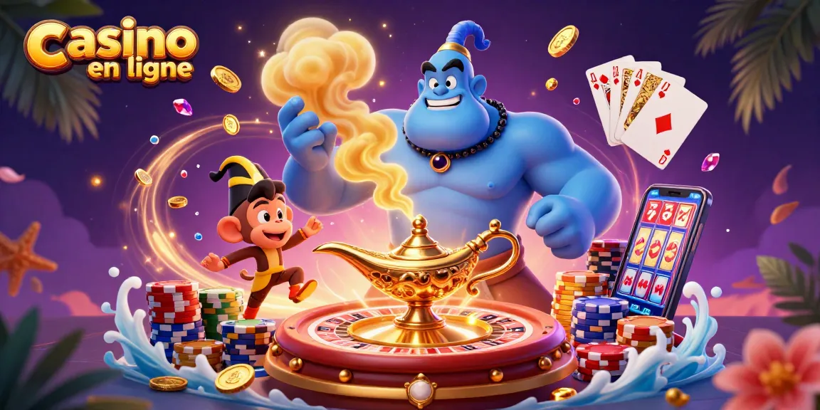 Illustration captivante d'un casino en ligne, avec un génie, une lampe magique et des jetons de poker