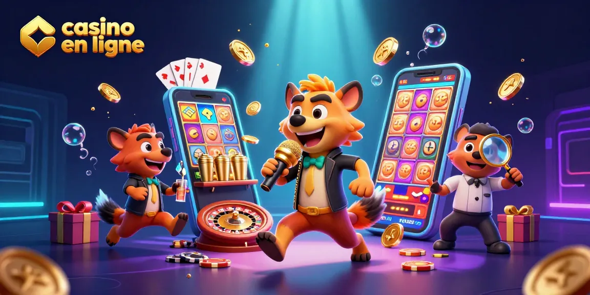 Vitres de casino en ligne avec des hyènes animées et jeux de casino animés dans un décor coloré.