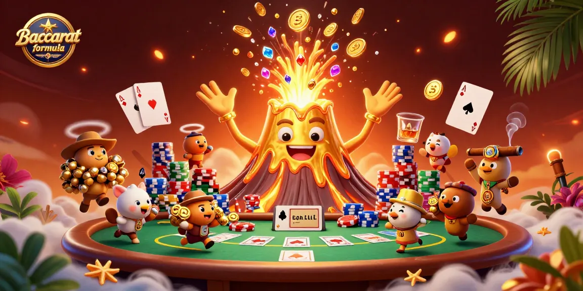 Baccarat formula showcases a vibrant 3D scene with a triumphant volcano spilling treasure amid poker elements in a dazzling casino atmosphere.