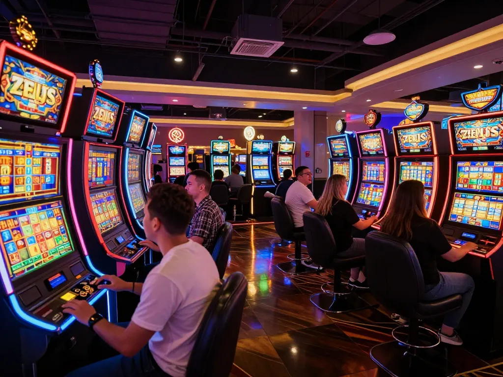 Pemain menikmati mesin slot zeus yang berwarna-warni dalam suasana kasino yang mendebarkan.